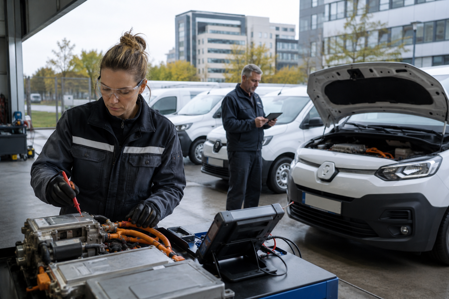 Kfz-Techniker mit Schutzausrüstung arbeitet an der Hochvoltbatterie eines Elektrofahrzeugs in einer Werkstatt
